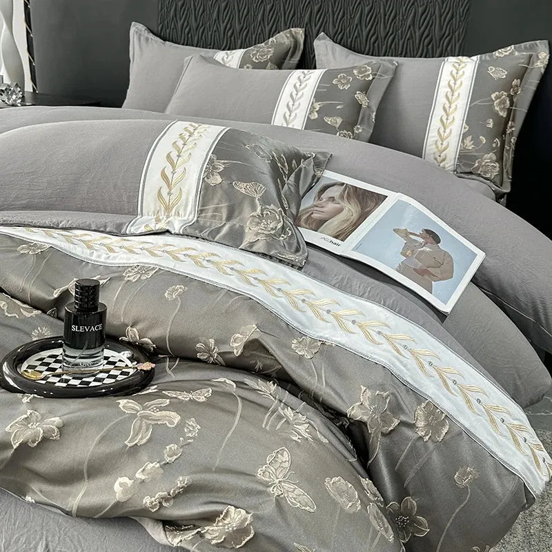 Flytonn-Luxury Relief Jacquard Embroidery Bedding Set Quilt Cover Duvet Cover Bed Comforter Cover Set Flat/Fitted Bed Sheet Pillowcases