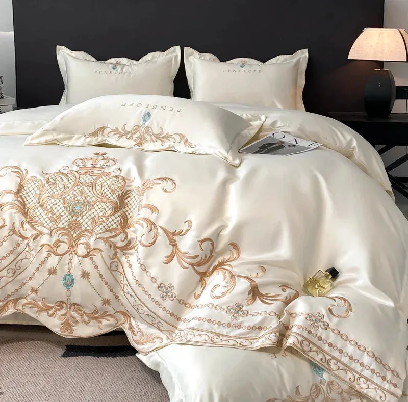 Flytonn-Milkshake White Luxury Gold Embroidery 60S Satin Cotton Bedding Set Silky Duvet Cover Set 2 Pillowcases Flat sheet, Without Core