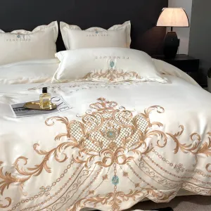 Flytonn-Milkshake White Luxury Gold Embroidery 60S Satin Cotton Bedding Set Silky Duvet Cover Set 2 Pillowcases Flat sheet, Without Core