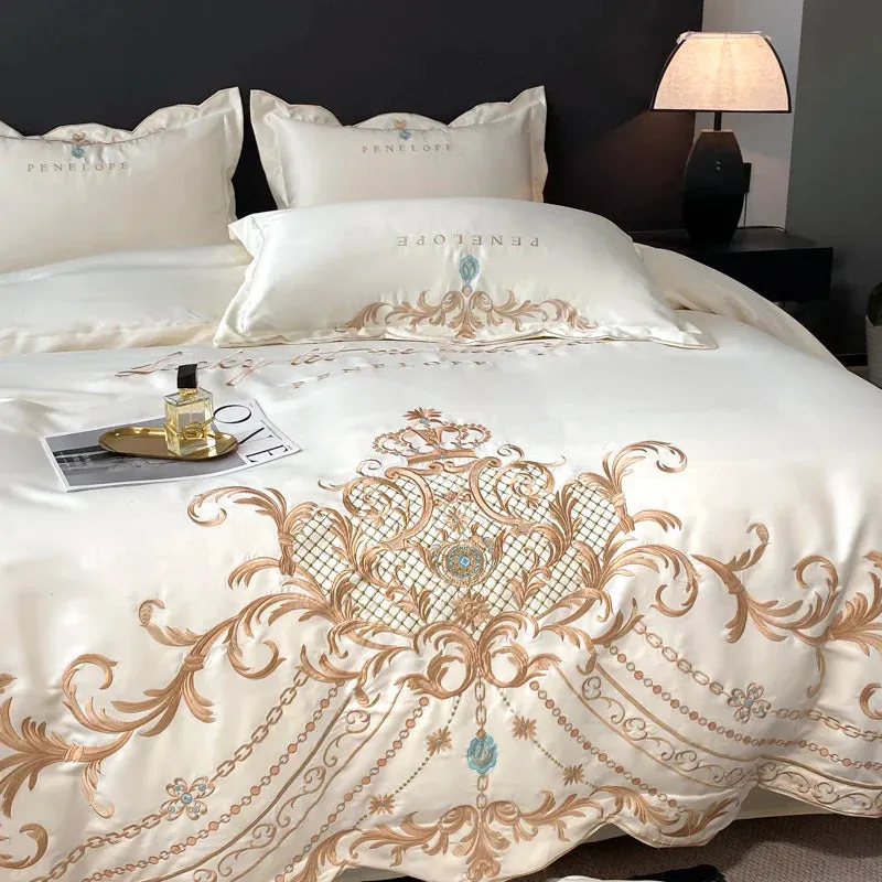Flytonn-Milkshake White Luxury Gold Embroidery 60S Satin Cotton Bedding Set Silky Duvet Cover Set 2 Pillowcases Flat sheet, Without Core