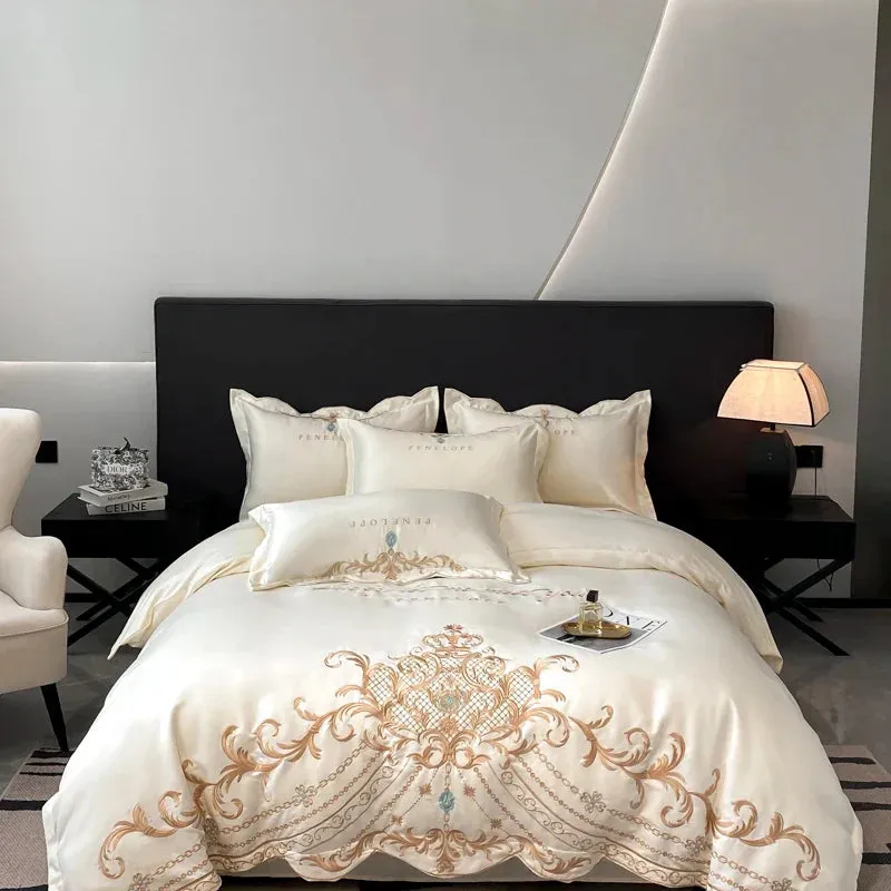 Flytonn-Milkshake White Luxury Gold Embroidery 60S Satin Cotton Bedding Set Silky Duvet Cover Set 2 Pillowcases Flat sheet, Without Core