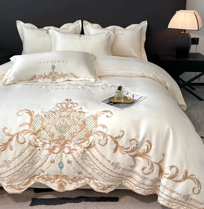 Flytonn-Milkshake White Luxury Gold Embroidery 60S Satin Cotton Bedding Set Silky Duvet Cover Set 2 Pillowcases Flat sheet, Without Core