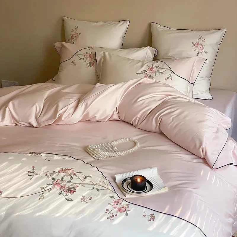 Flytonn-New Chinese Style Flowers Embroidery Luxury Bedding Set 1000TC Egyptian Cotton Duvet Cover Set Flat/Fitted Bed Sheet Pillowcases