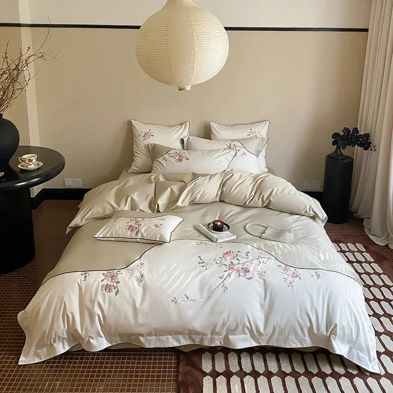 Flytonn-New Chinese Style Flowers Embroidery Luxury Bedding Set 1000TC Egyptian Cotton Duvet Cover Set Flat/Fitted Bed Sheet Pillowcases