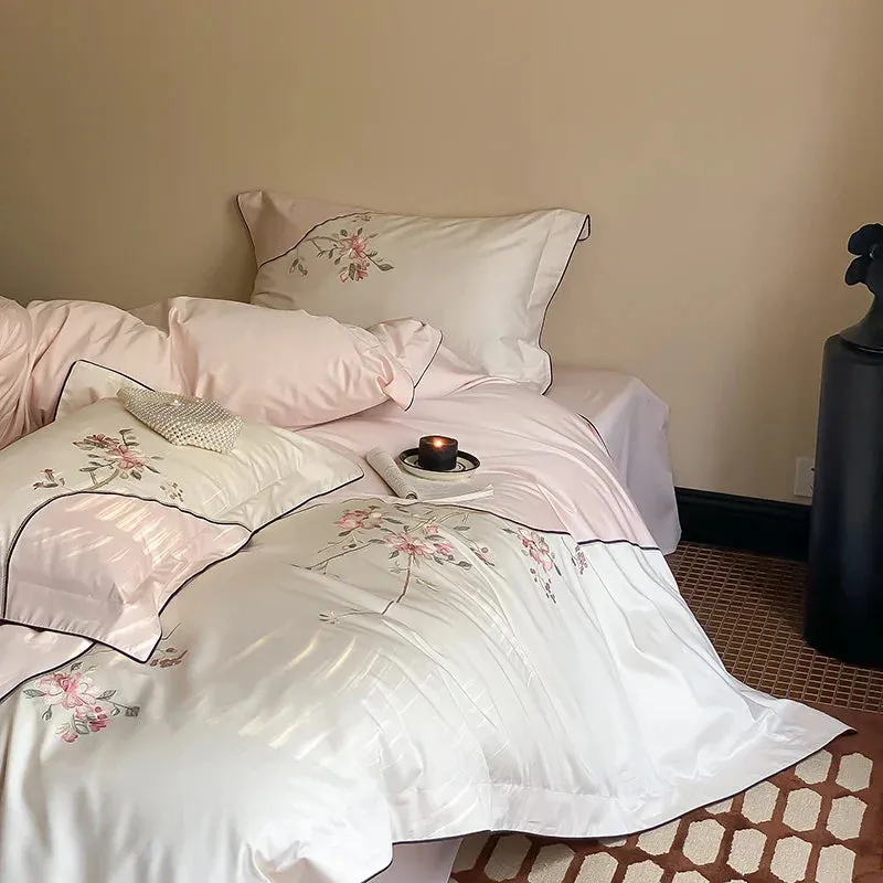Flytonn-New Chinese Style Flowers Embroidery Luxury Bedding Set 1000TC Egyptian Cotton Duvet Cover Set Flat/Fitted Bed Sheet Pillowcases
