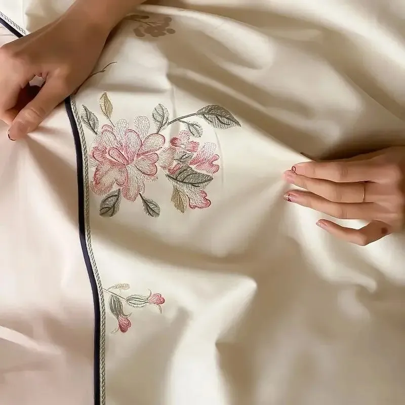 Flytonn-New Chinese Style Flowers Embroidery Luxury Bedding Set 1000TC Egyptian Cotton Duvet Cover Set Flat/Fitted Bed Sheet Pillowcases