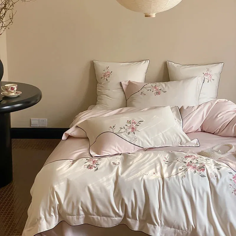 Flytonn-New Chinese Style Flowers Embroidery Luxury Bedding Set 1000TC Egyptian Cotton Duvet Cover Set Flat/Fitted Bed Sheet Pillowcases