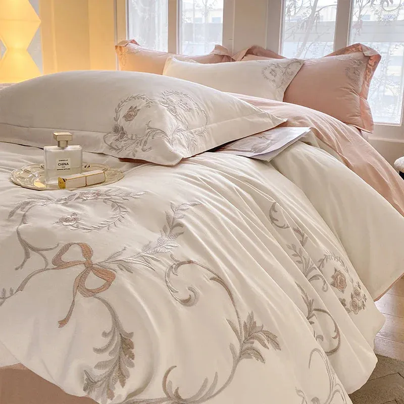 Flytonn-Vintage European Palace Style Flowers Embroidery Luxury Bedding Set 100% Cotton Duvet Cover Set Flat/Fitted Bed Sheet Pillowcase