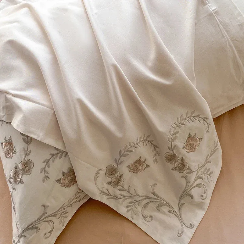 Flytonn-Vintage European Palace Style Flowers Embroidery Luxury Bedding Set 100% Cotton Duvet Cover Set Flat/Fitted Bed Sheet Pillowcase