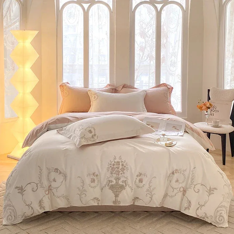 Flytonn-Vintage European Palace Style Flowers Embroidery Luxury Bedding Set 100% Cotton Duvet Cover Set Flat/Fitted Bed Sheet Pillowcase