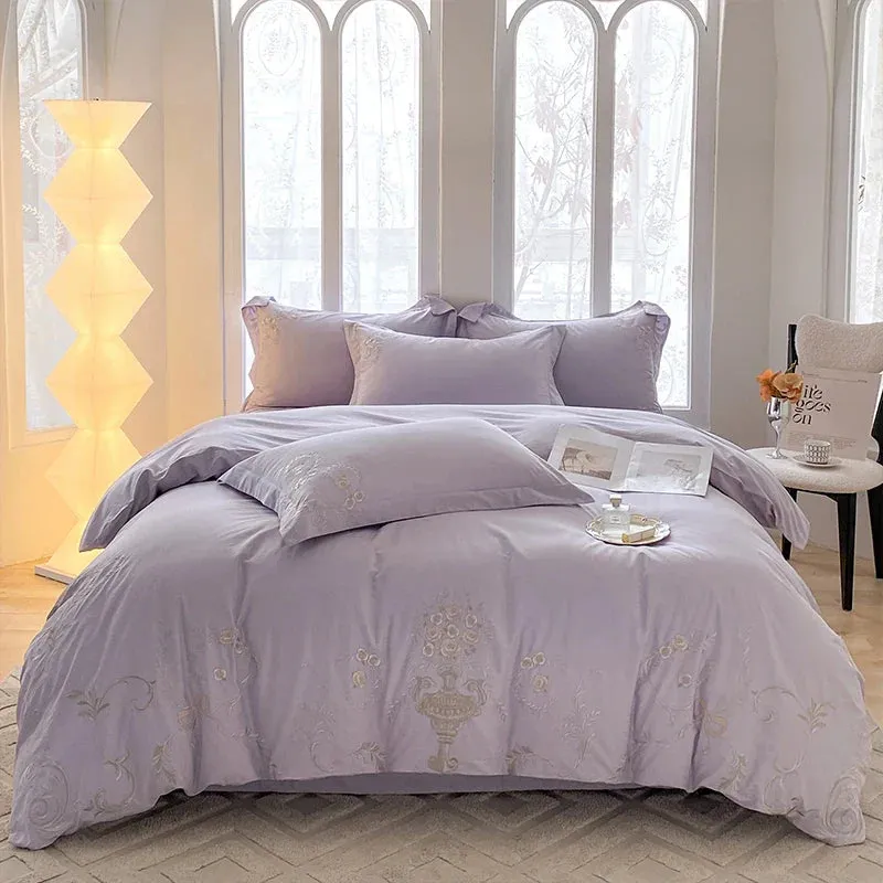 Flytonn-Vintage European Palace Style Flowers Embroidery Luxury Bedding Set 100% Cotton Duvet Cover Set Flat/Fitted Bed Sheet Pillowcase