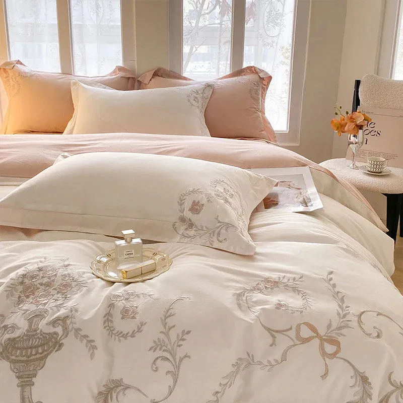 Flytonn-Vintage European Palace Style Flowers Embroidery Luxury Bedding Set 100% Cotton Duvet Cover Set Flat/Fitted Bed Sheet Pillowcase