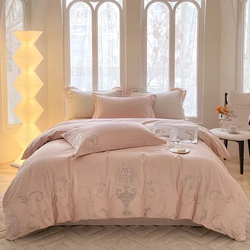 Flytonn-Vintage European Palace Style Flowers Embroidery Luxury Bedding Set 100% Cotton Duvet Cover Set Flat/Fitted Bed Sheet Pillowcase