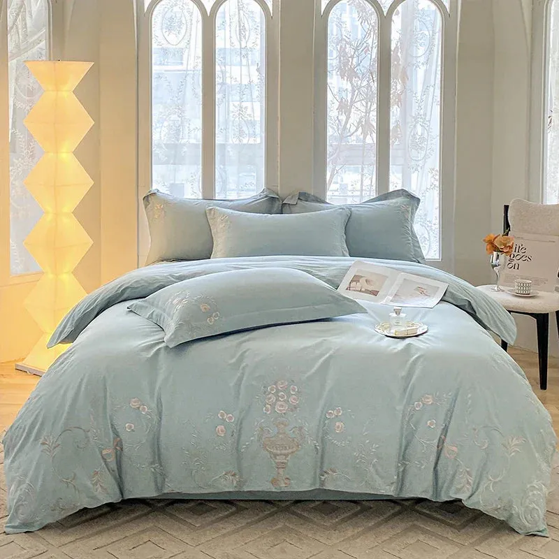 Flytonn-Vintage European Palace Style Flowers Embroidery Luxury Bedding Set 100% Cotton Duvet Cover Set Flat/Fitted Bed Sheet Pillowcase