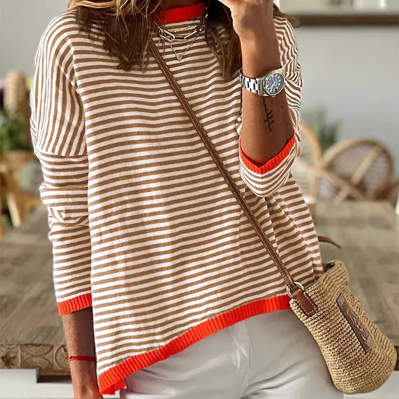 Flytonn-Women Striped Pullover Long Sleeve O-neck Knit Crop Top Autumn Vintage Casual T-shirt 2023 New Fashion Female Basic Streetwear