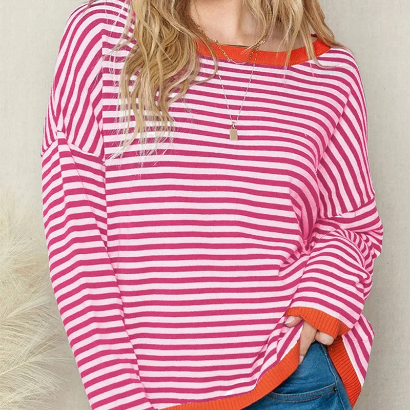 Flytonn-Women Striped Pullover Long Sleeve O-neck Knit Crop Top Autumn Vintage Casual T-shirt 2023 New Fashion Female Basic Streetwear