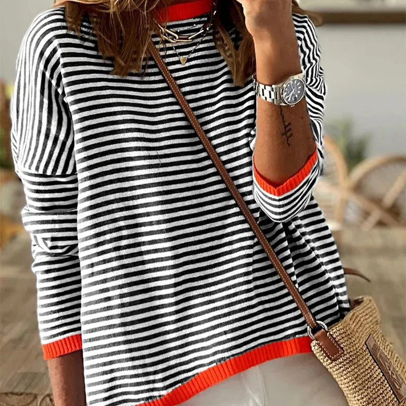 Flytonn-Women Striped Pullover Long Sleeve O-neck Knit Crop Top Autumn Vintage Casual T-shirt 2023 New Fashion Female Basic Streetwear