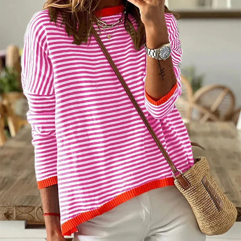 Flytonn-Women Striped Pullover Long Sleeve O-neck Knit Crop Top Autumn Vintage Casual T-shirt 2023 New Fashion Female Basic Streetwear