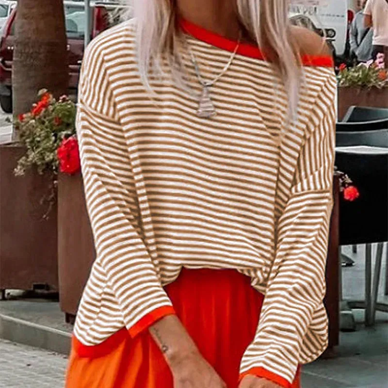 Flytonn-Women Striped Pullover Long Sleeve O-neck Knit Crop Top Autumn Vintage Casual T-shirt 2023 New Fashion Female Basic Streetwear