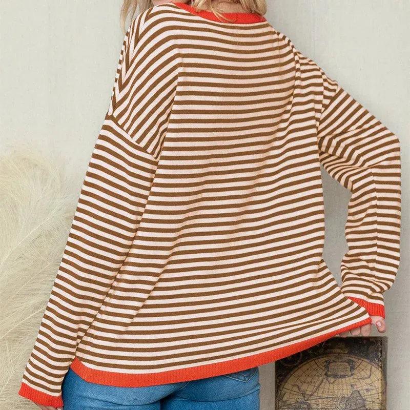 Flytonn-Women Striped Pullover Long Sleeve O-neck Knit Crop Top Autumn Vintage Casual T-shirt 2023 New Fashion Female Basic Streetwear