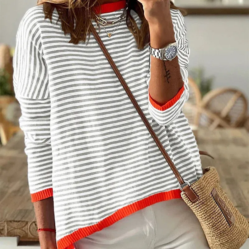 Flytonn-Women Striped Pullover Long Sleeve O-neck Knit Crop Top Autumn Vintage Casual T-shirt 2023 New Fashion Female Basic Streetwear