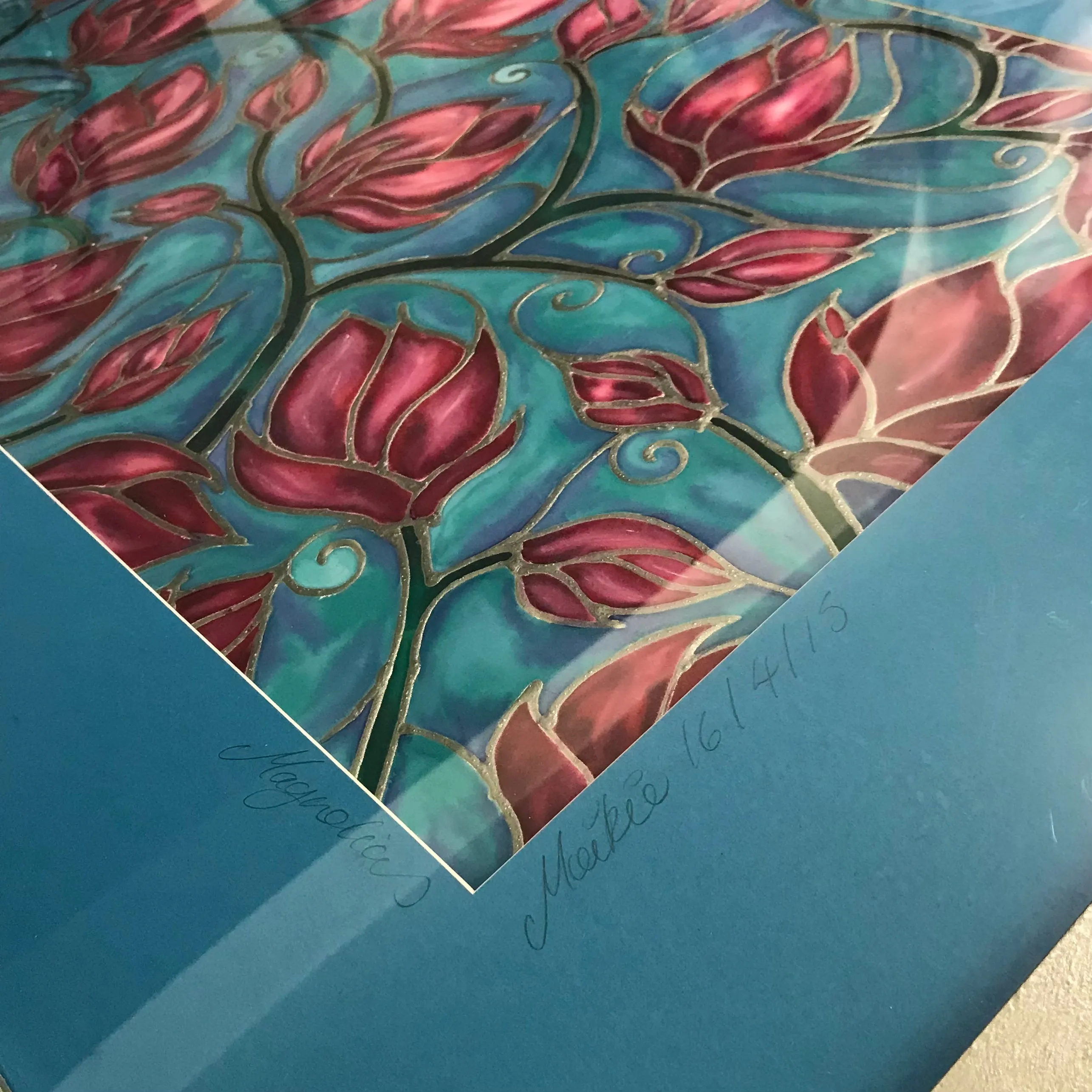 Folksy Boho Magnolia Flowers Pink & Sky Painting - hand painted silk Magnolias - Magnolias Original Art