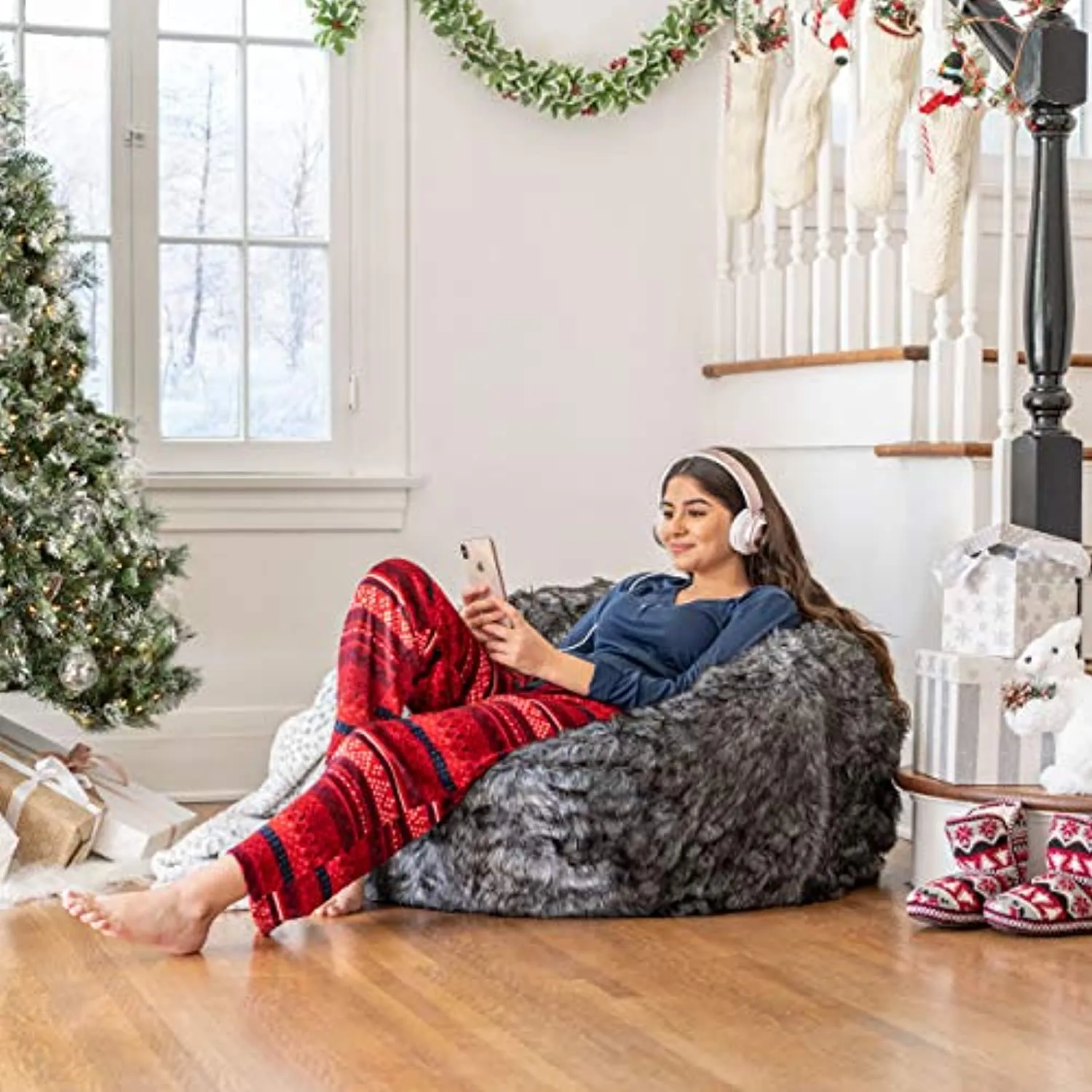 Furry Glam Black and White Streak Faux Fur 3 Ft. Bean Bag
