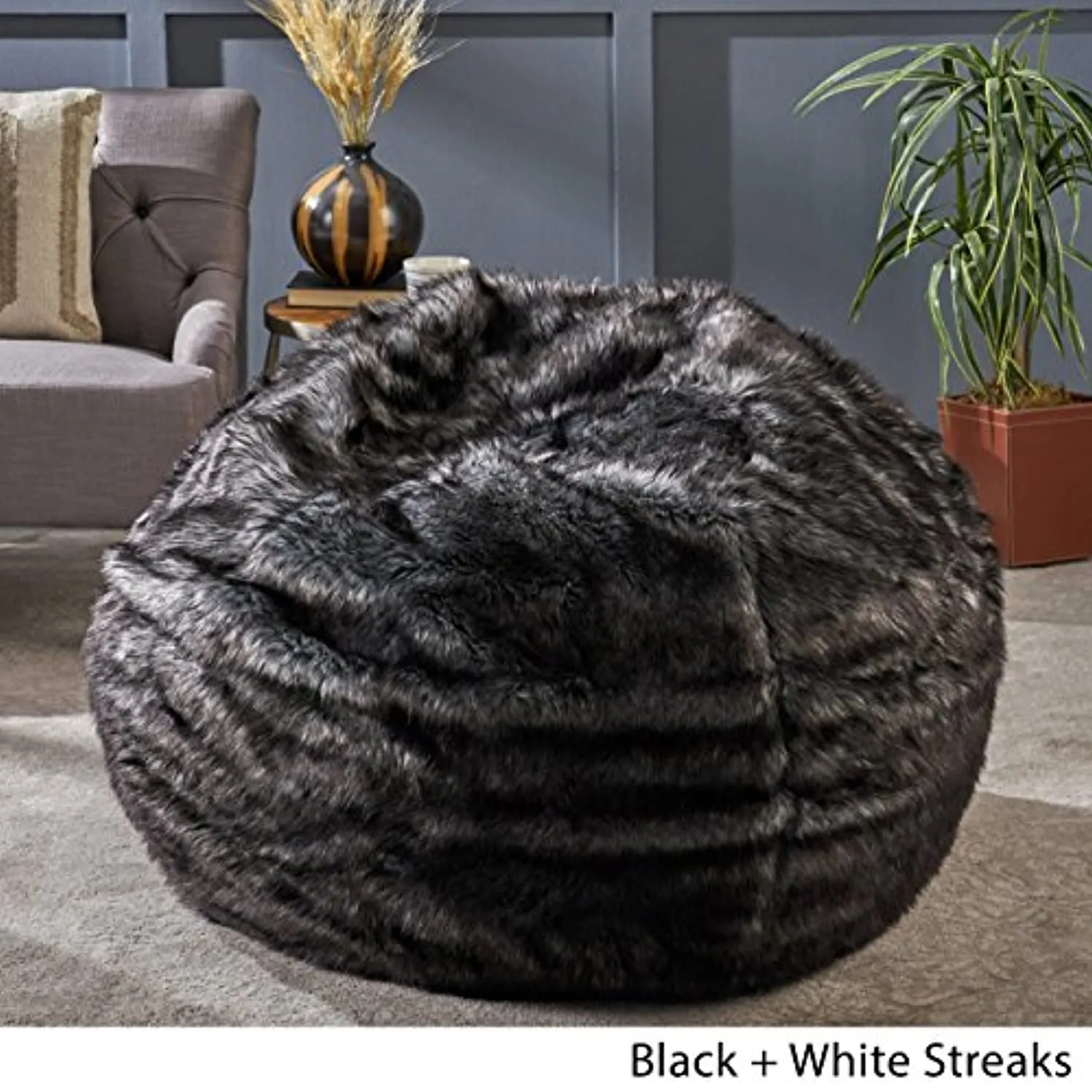 Furry Glam Black and White Streak Faux Fur 3 Ft. Bean Bag