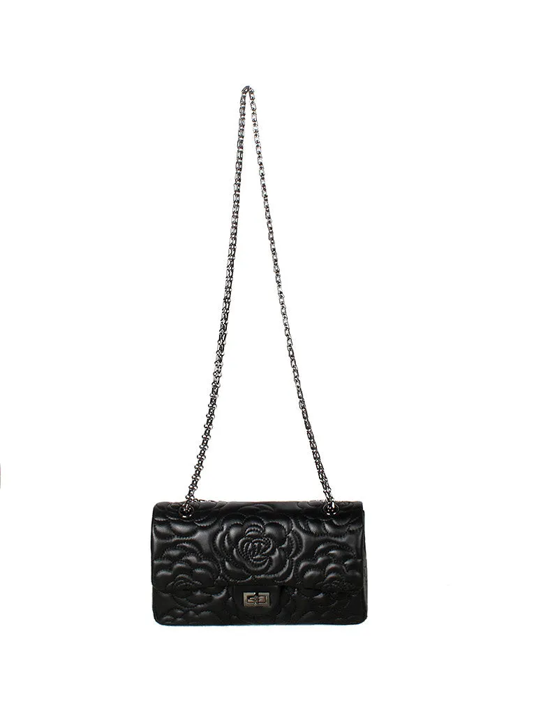 Genuine sheepskin leather camellia flower design flap handbag