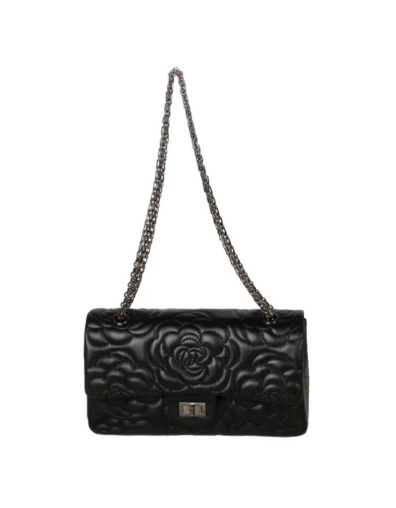 Genuine sheepskin leather camellia flower design flap handbag
