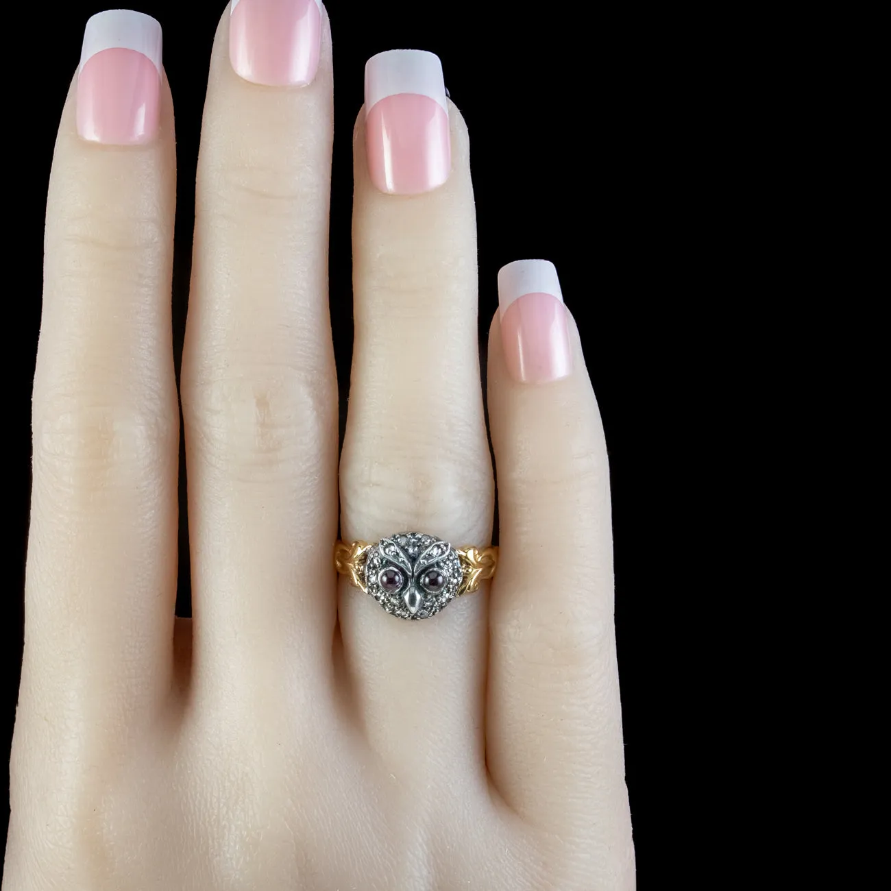 Georgian Style Diamond Owl Ring Garnet Eyes