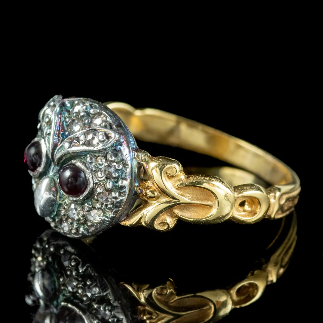 Georgian Style Diamond Owl Ring Garnet Eyes