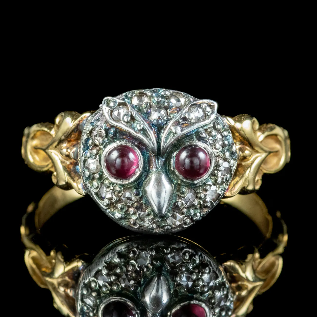 Georgian Style Diamond Owl Ring Garnet Eyes