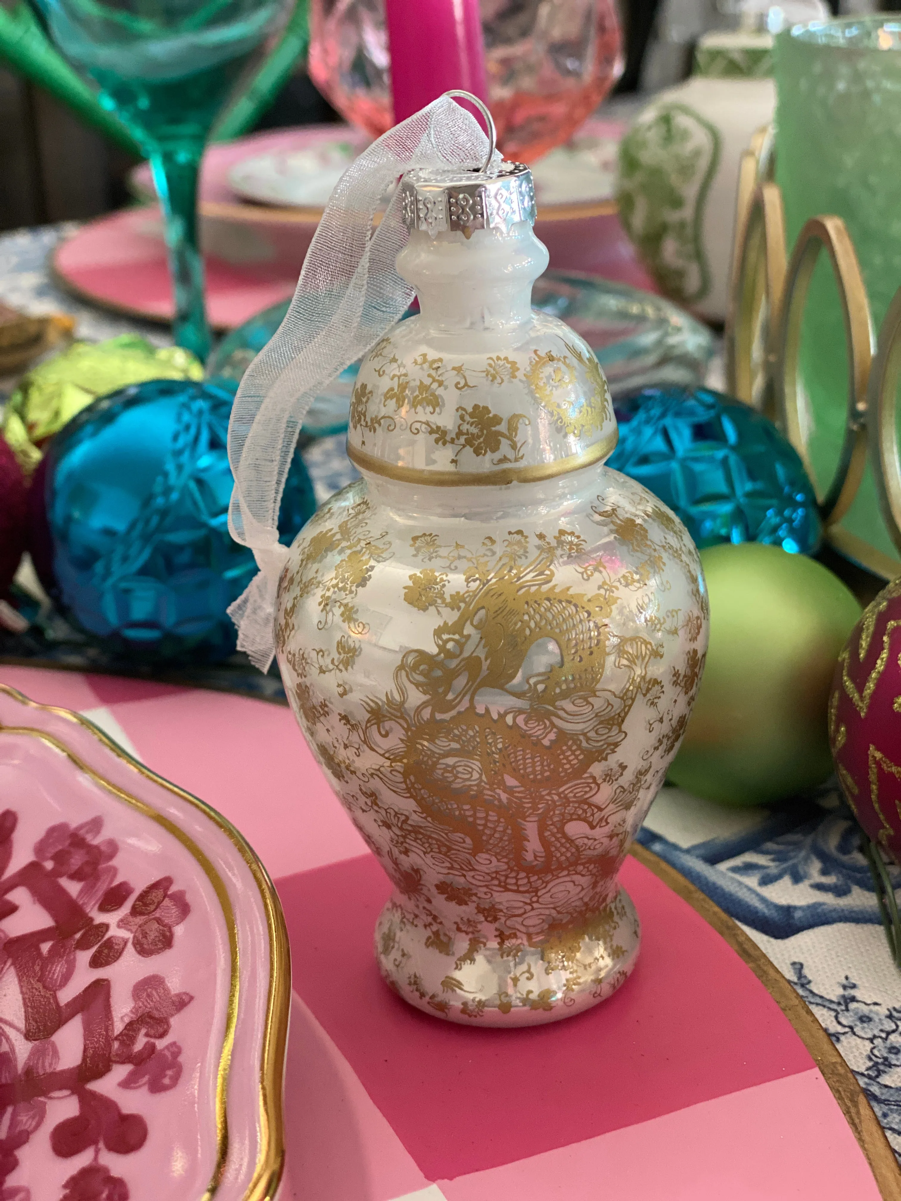 Ginger Jar Glass Christmas Ornament - Gold and White Dragon Motif