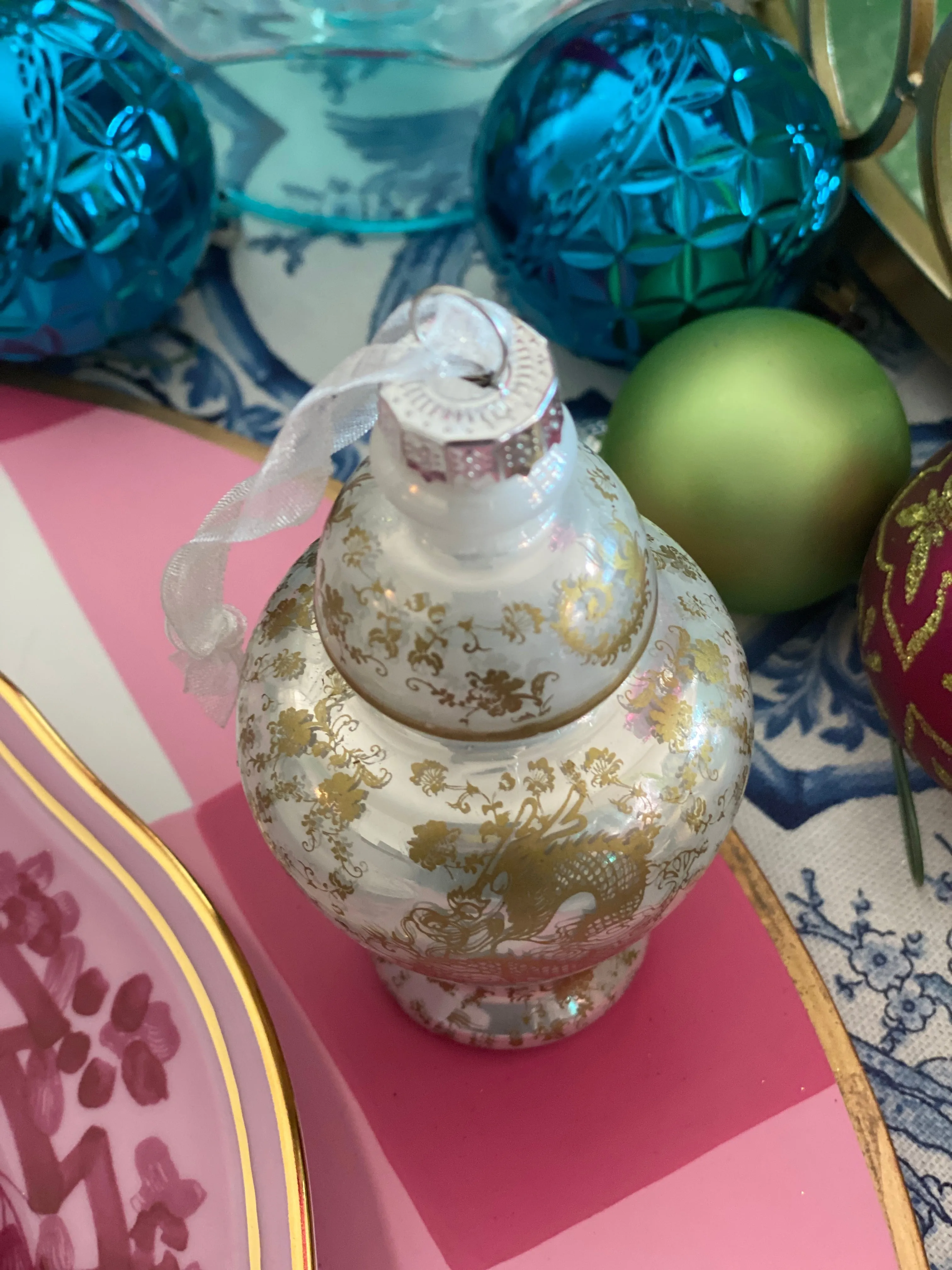 Ginger Jar Glass Christmas Ornament - Gold and White Dragon Motif