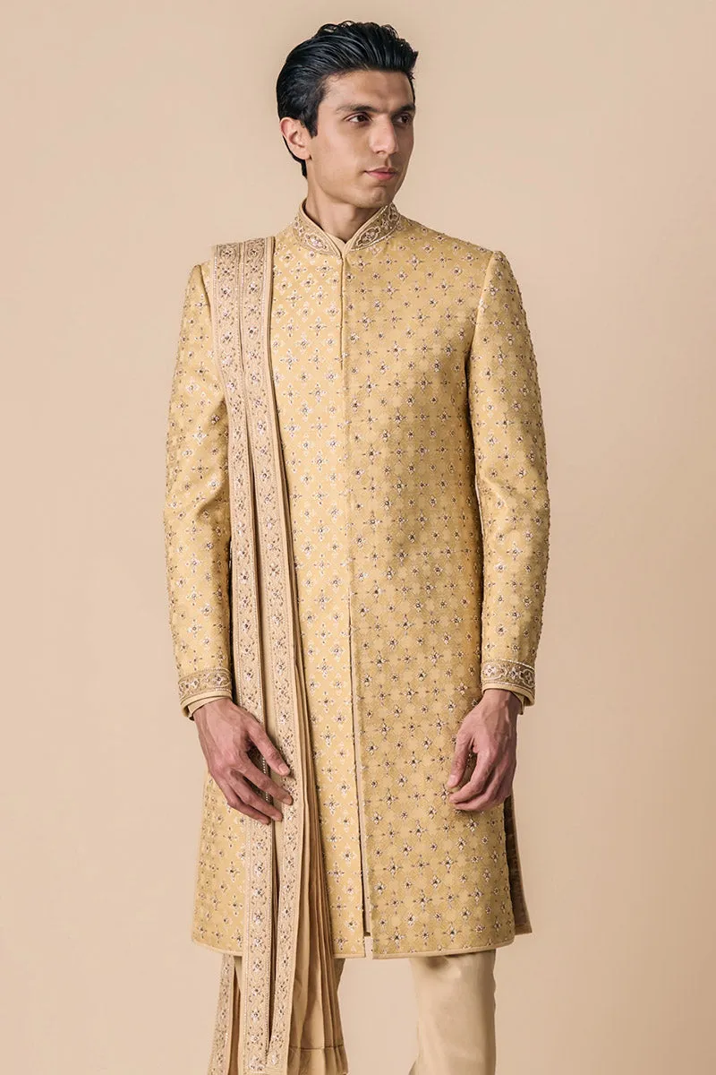 Gold Brocade Sherwani With Kundan Details