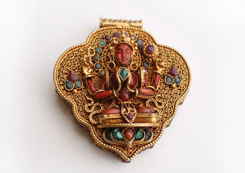 Goldplated Silver Sterling Chenrezig Ghau Pendant with Semi Precious Stones