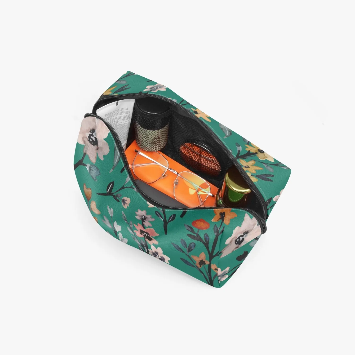 Green Floral Boxy Makeup Bag
