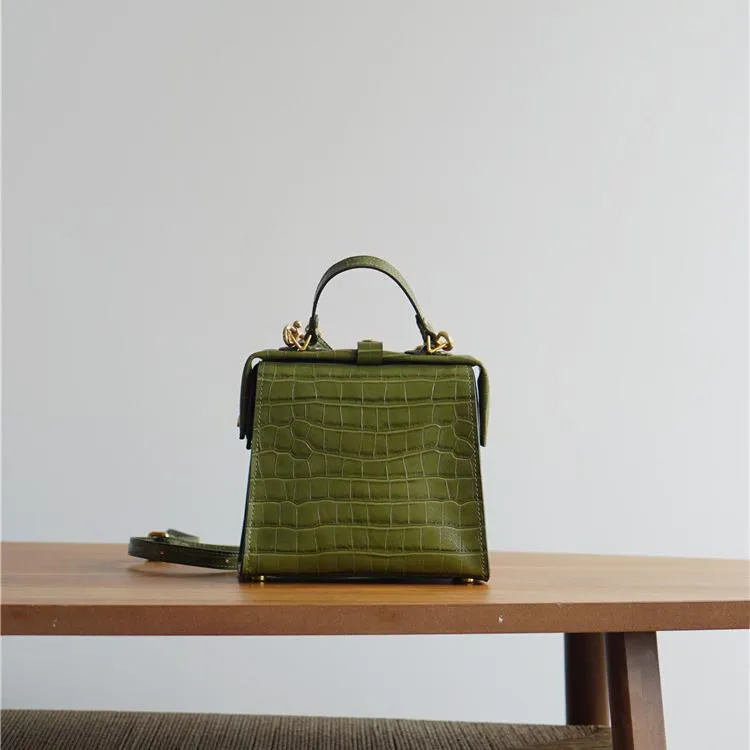 Handmade Womens Stylish Square Dark Green Leather Doctor Handbag Side Purse Doctor Purse for Women