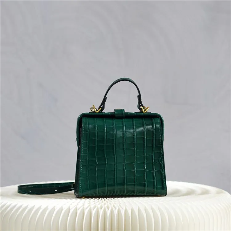 Handmade Womens Stylish Square Dark Green Leather Doctor Handbag Side Purse Doctor Purse for Women