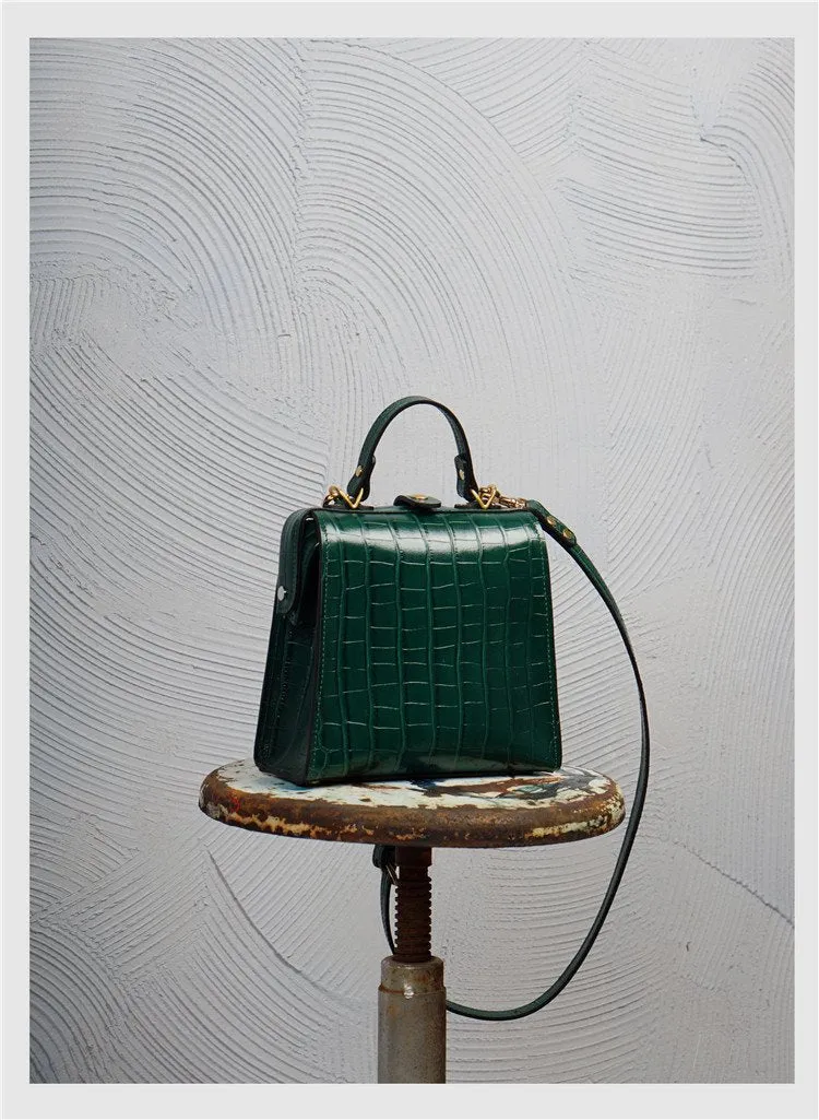 Handmade Womens Stylish Square Dark Green Leather Doctor Handbag Side Purse Doctor Purse for Women