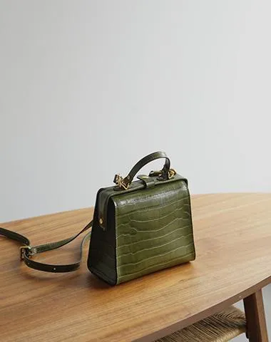 Handmade Womens Stylish Square Dark Green Leather Doctor Handbag Side Purse Doctor Purse for Women