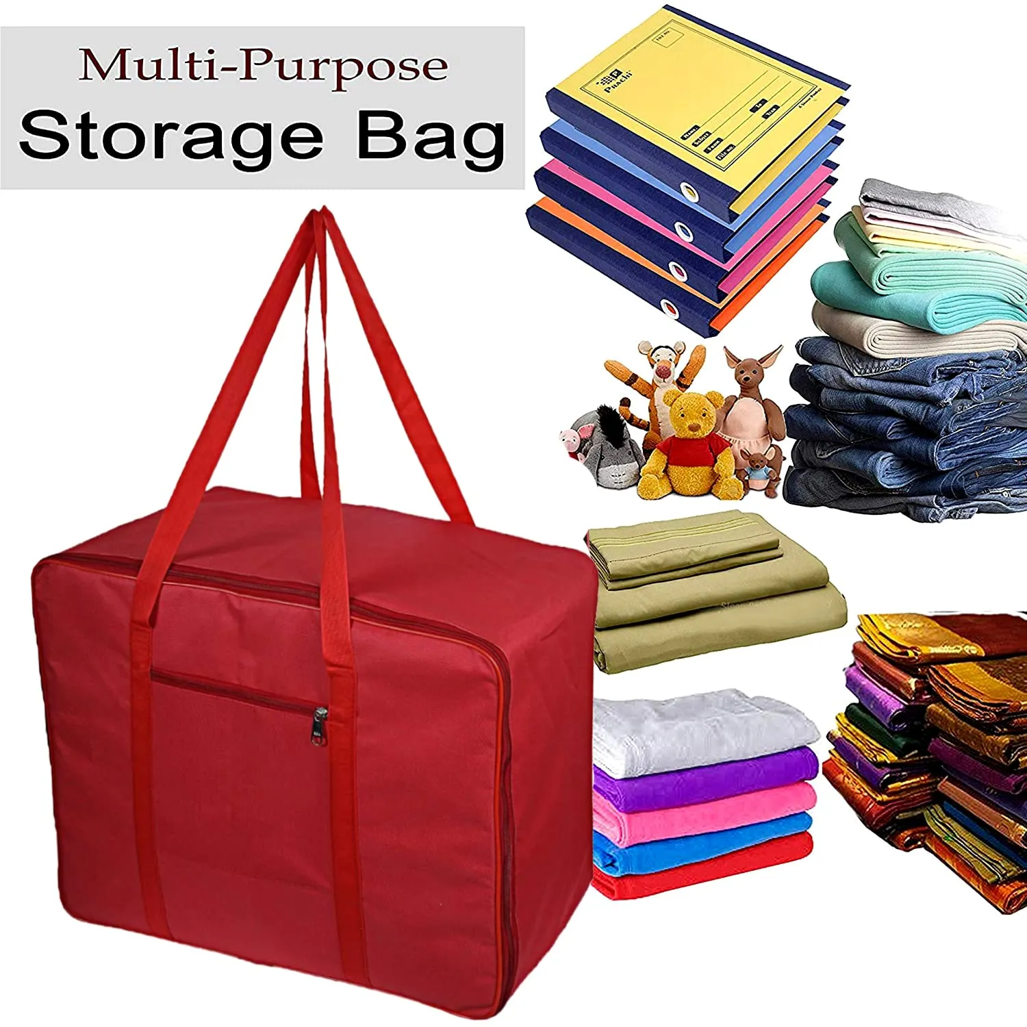 Heart Home Large Moisture Proof Wardrobe Organizer Storage Bag For Clothes With Zipper Closure and Handle- Pack of 2 (Red)-HS43HEARTH26679