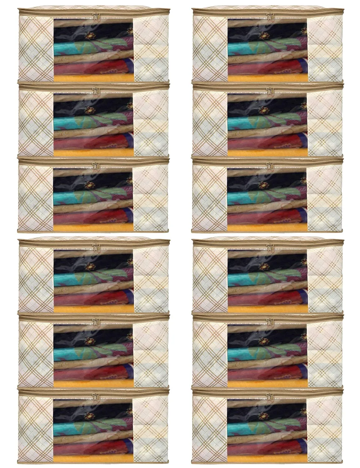 Heart Home Tartan Design Non-woven Sarees, Clothes Cover/Organizer With Transparent Window- Pack of 12 (Beige)-44HH0376