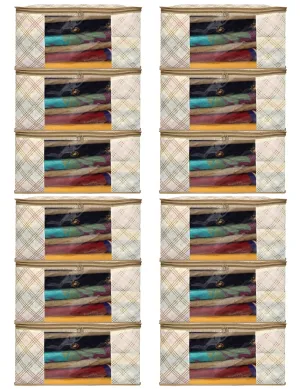 Heart Home Tartan Design Non-woven Sarees, Clothes Cover/Organizer With Transparent Window- Pack of 12 (Beige)-44HH0376
