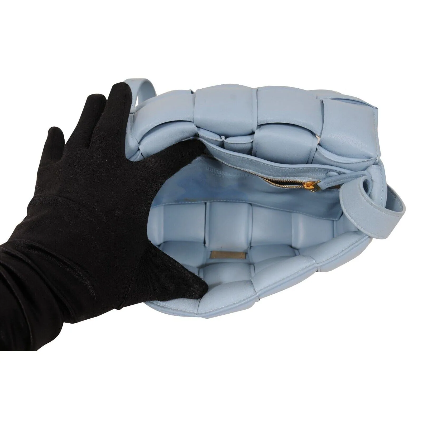 Intrecciato Padded Cassette Crossbody Bag Blue Leather