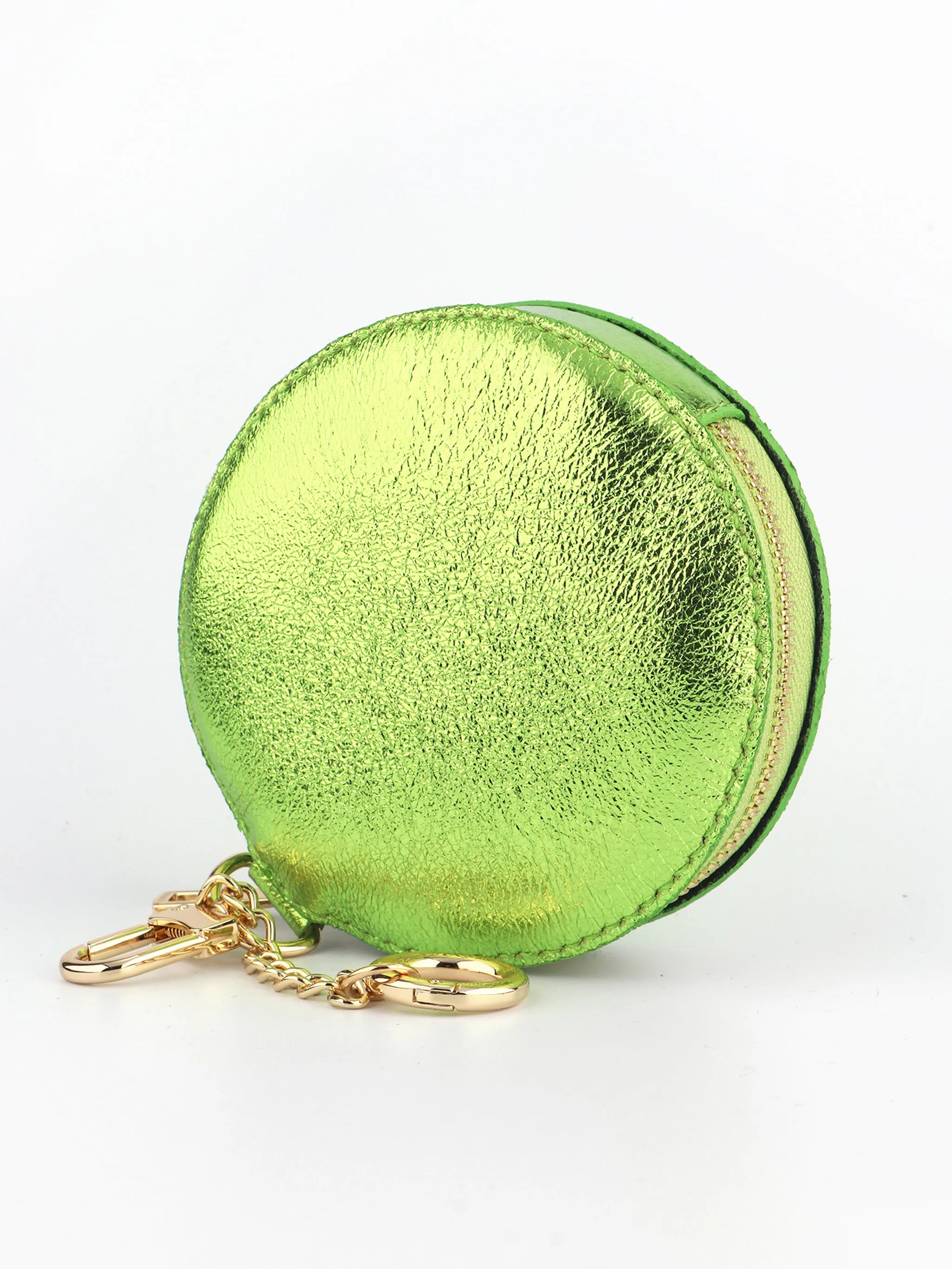 Italian Leather Round Clip-On Coin Purse in Metallic Lime Green