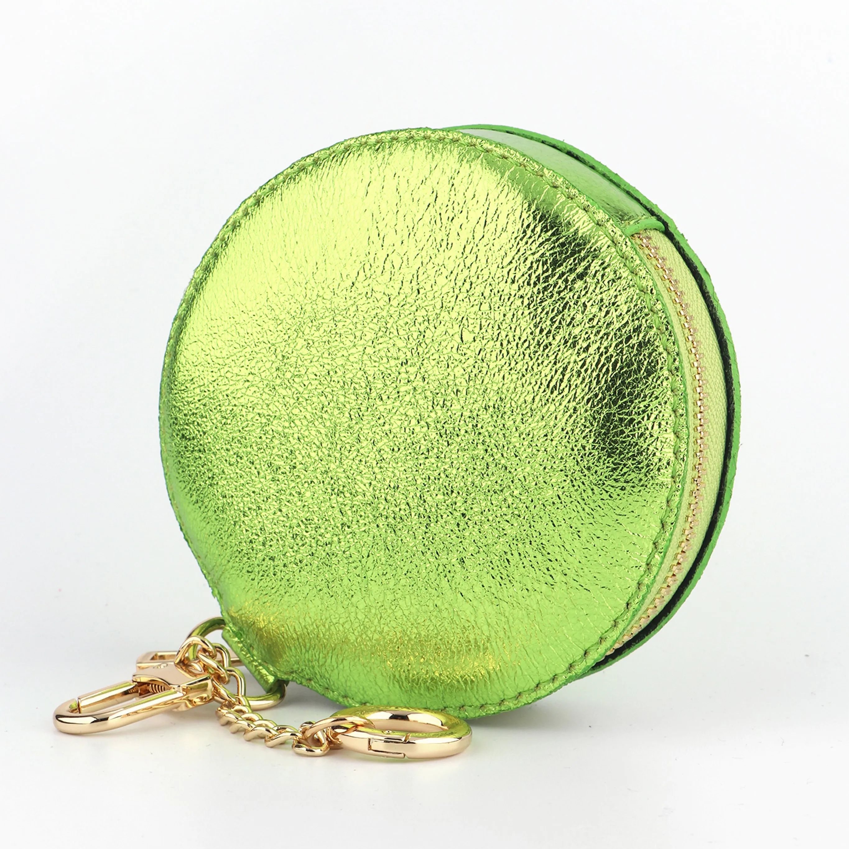 Italian Leather Round Clip-On Coin Purse in Metallic Lime Green