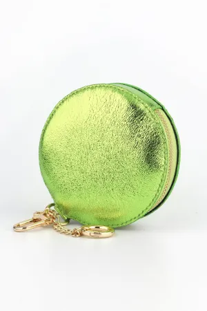 Italian Leather Round Clip-On Coin Purse in Metallic Lime Green