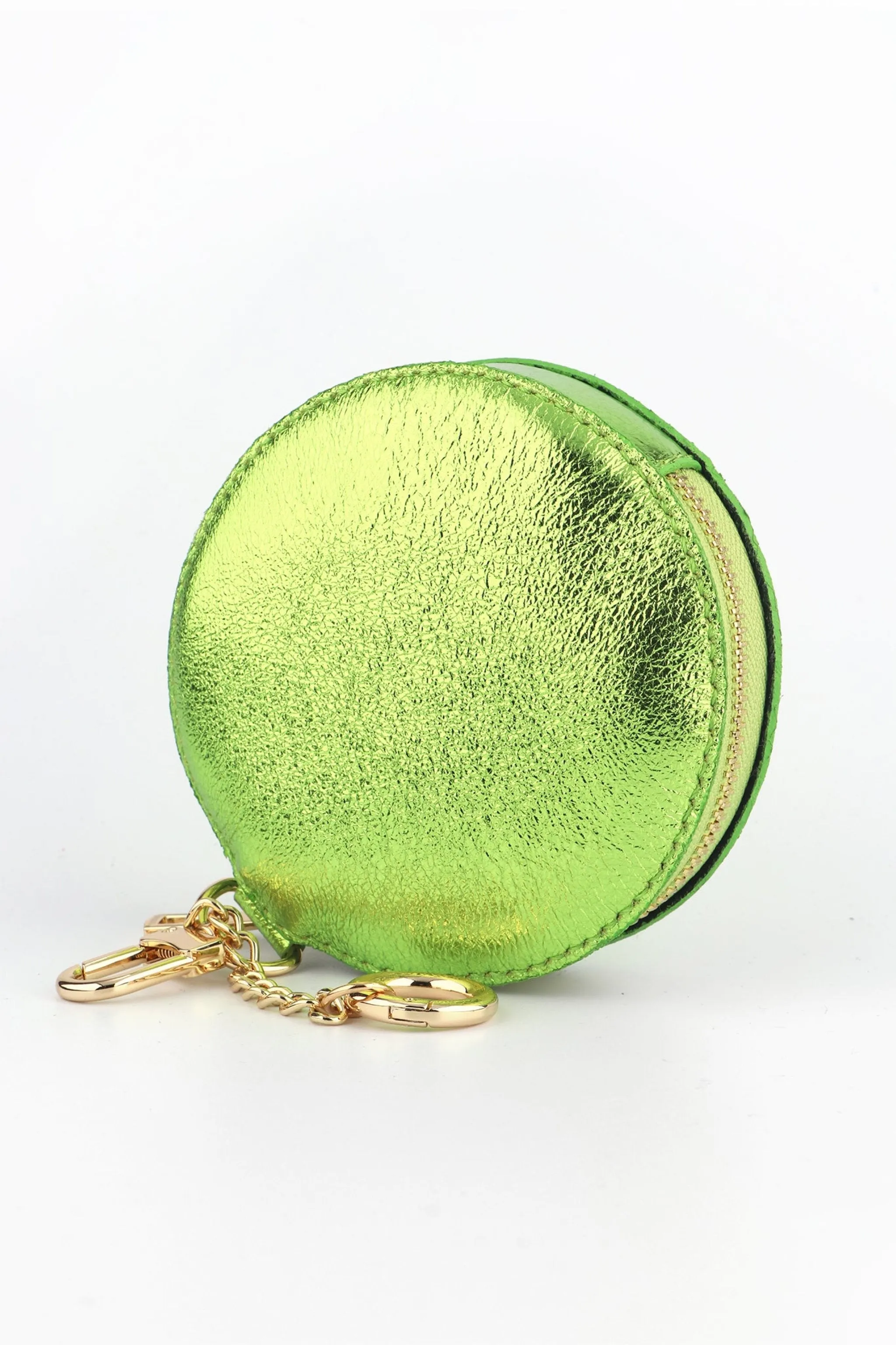 Italian Leather Round Clip-On Coin Purse in Metallic Lime Green